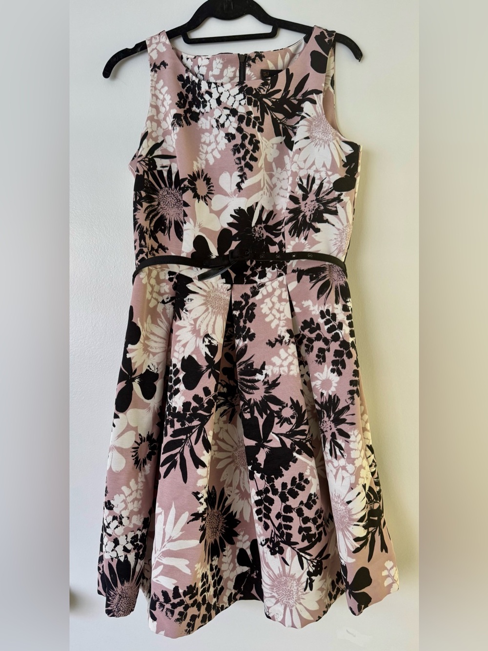Just…Taylor Pink Floral Fit-and-Flare Dress with Black & White Accents